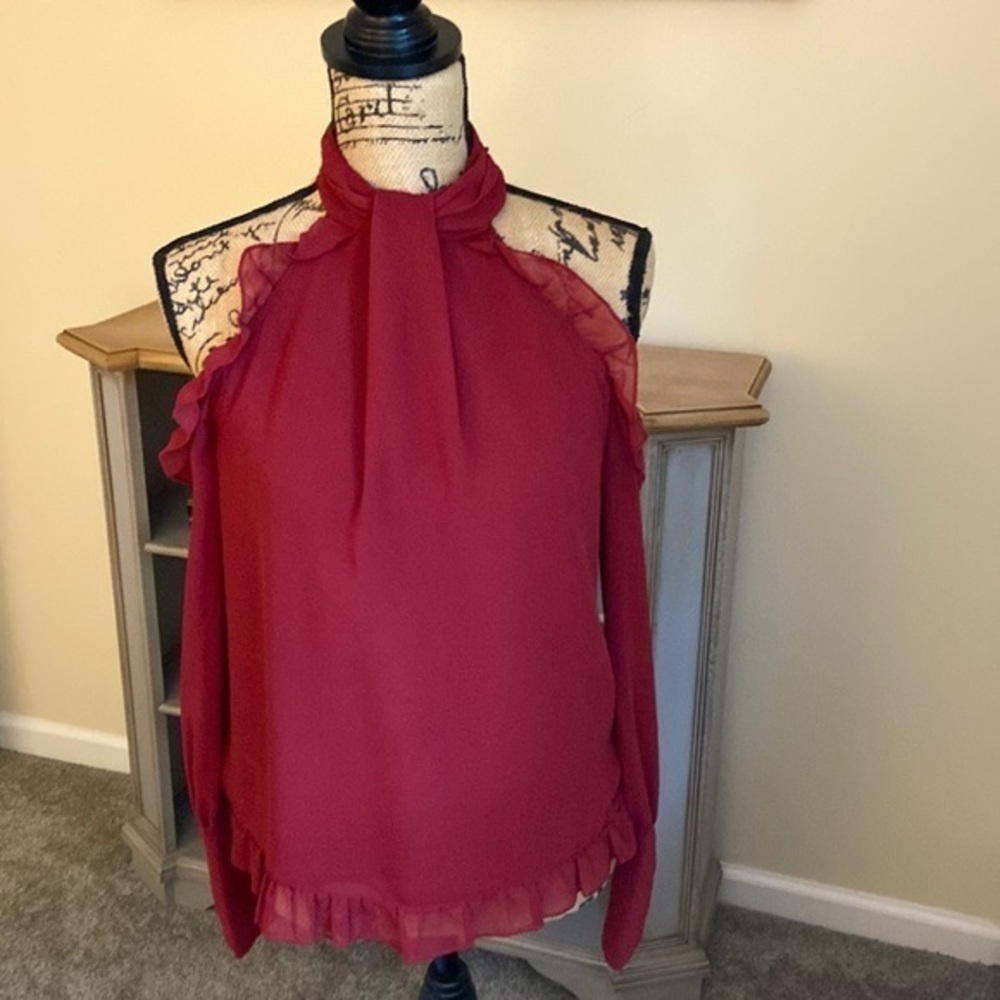 BeBe Deep Red Cold Shoulder Blouse